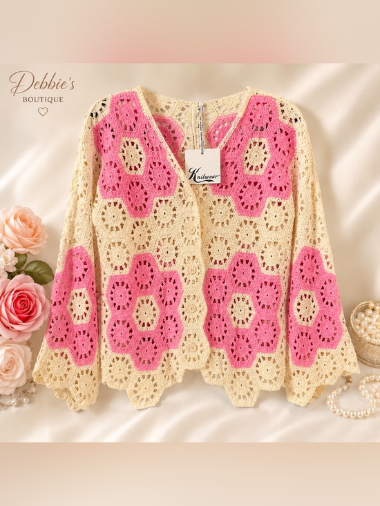 Knitwear Sweaters - NWT Knitwear 100% Cotton Pink Cream Crochet Cardigan Boho One Size